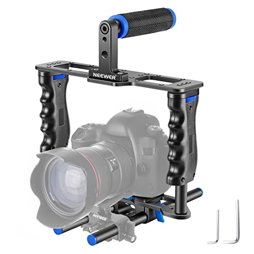 NEEWER Camera Video Cage Film Movie Making Kit, Aluminum Alloy with Top Handle, Dual Hand Grip, Two 15mm Rods, Compatible with Canon Sony Fujifilm Nikon DSLR Camera and Camcorder (Black + Blue) - style: CG-MF Blue