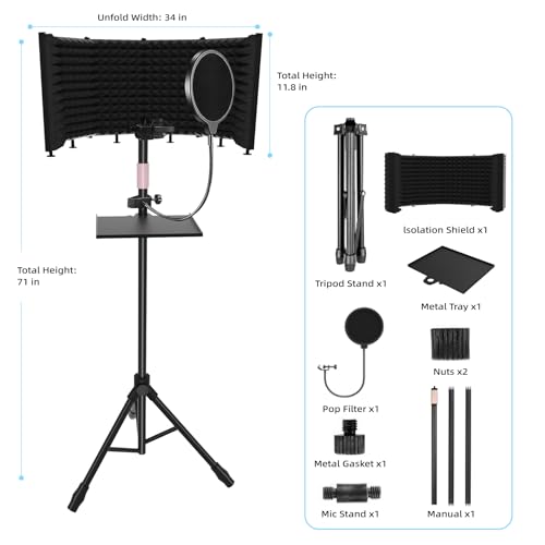 Microphone Isolation Shield – Foldable & Adjustable Soundproof Panel for Recording, Podcasting, Vocal Booth, Studio & Home Use (Six-sided high stand) - size: Six-sided high stand