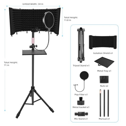 Microphone Isolation Shield – Foldable & Adjustable Soundproof Panel for Recording, Podcasting, Vocal Booth, Studio & Home Use (Six-sided high stand) - size: Six-sided high stand