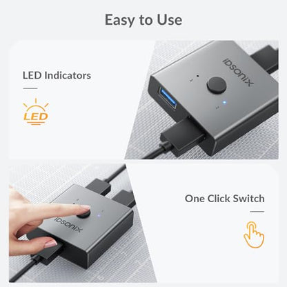 IDsonix USB 3.0 Switch for 2 Computers Share 1 Device | 1 in 2 Out Bi-Directional For Printers/Keyboards/Mice, 5Gbps Plug and Play Switcher Support CarPlay,Android Auto,Aluminum - style: Aluminum