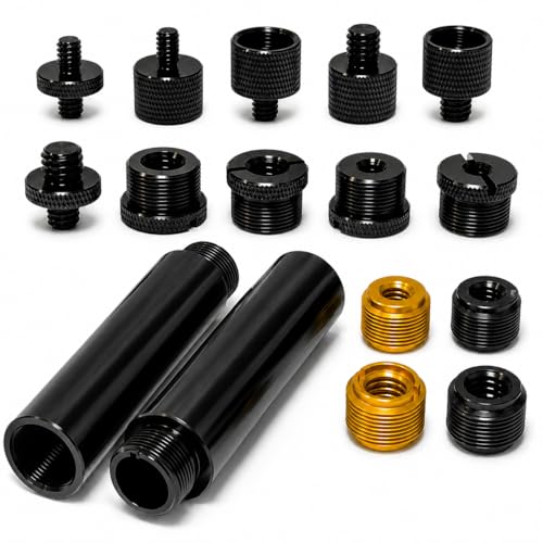 16 Pack Mic Stand Adapter Screws with Extension Tube, Microphone Stand Adapter Kit, Black Aluminum Alloy, 5/8 to 3/8, 3/8 to 5/8, 1/4 to 5/8 Threaded Mount for Mic Boom Arm, Tripod & Fill Light