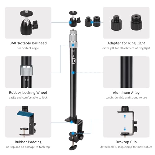 Taisioner Camera Desk Mount with 360° Ball Head, 15.7"-35.4" Adjustable Aluminum Alloy Stand - 6.6LBS Load C Clamp for DSLR, Ring Light, Live Streaming, Photo/Video Shooting