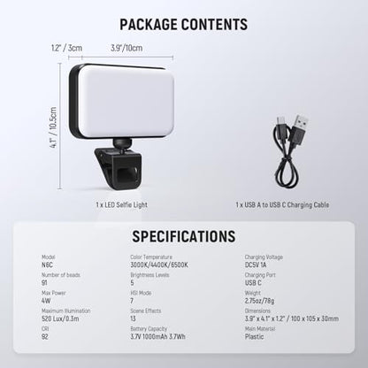 NEEWER Entry Level Version LED RGB Selfie Light, 91 LEDs Plastic Clip on Phone Fill Lighting for iPhone, 20 Effects CRI92 1000mAh, for Computer Webcam Laptop Zoom Video Conference Recording, N6C