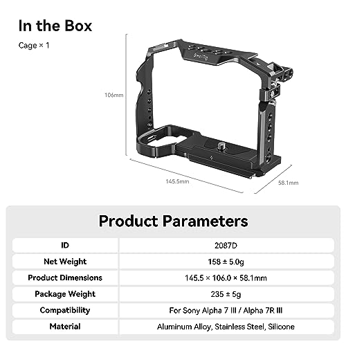 SmallRig A7RIII / A7III / A7M3 Camera Cage for Sony A7RIII / A7III / A7M3 Camera (ILCE-7RM3 / A7R Mark III), w/Shoe Mount, Built-in NATO Rail, Accessible for Sony XLR-K2M/K1M, Black – 2087