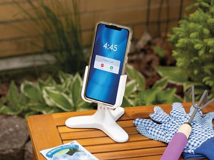 WeatherTech DeskFone Two View in White - Adjustable, Universal Cell Phone Holder Mount Stand for Desk, Counter, Table - Tripod Design for iPhone & Smartphone Charging - White Plastic Knobs - color: White Plastic Knobs