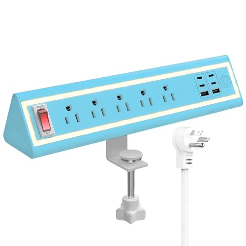 Desk Clamp Power Strip with Nightlight, 40W Fast Charging, 6FT Extension Cord, 4x20W USB-C & 2 USB Ports, 5 AC Outlets, Fits 1.69-Inch Table Edges - color: Blue