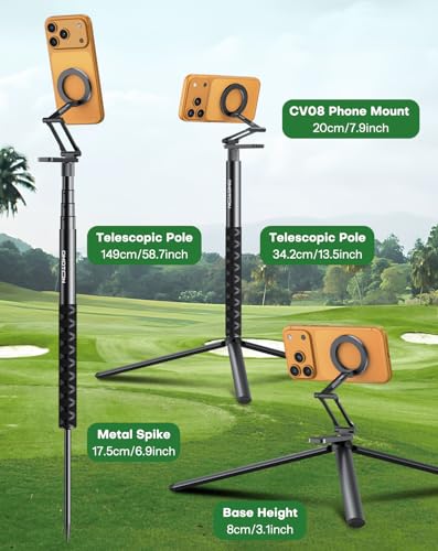 OMOTON CV08-B1 Golf Tripod & Monopod, 5-in-1 Pro Kit (Magnetic Phone Mount+Spike+Tripod+Remote+Action Camera Adapter), 59" Extendable Pole for Golf Swing Recording, Fit for iPhone, Android, GoPro