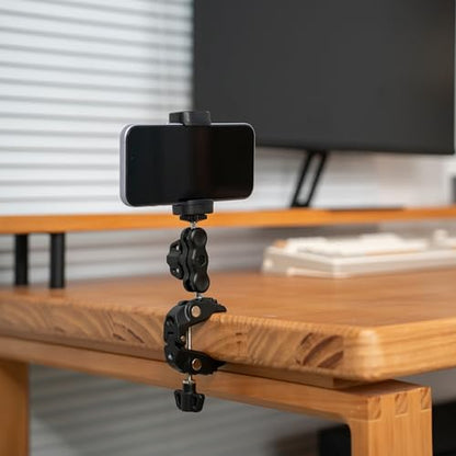 JJC Super Clamp Camera Mount, Dual Ballhead Aluminum Pole Mount w. 1/4“-20 & 3/8"-16 Thread Hole, Action Camera Mount and Phone Clip, for DJI Osmo Action GoPro, Crab Clamp for Desk Tripod Tube Rod - color: Black -Universal