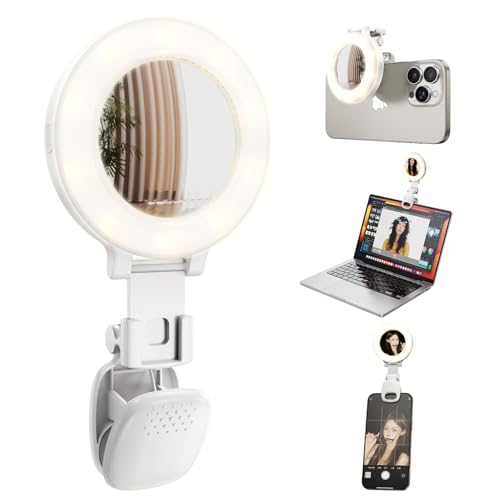 Portable Ring Light for Phone with Mirror, Foldable Clip-On Selfie Light for iPhone, Webcam, Vlog, TikTok, 3 Colors & 9 Brightness, Rechargeable LED Light for Video Recording and Makeup
