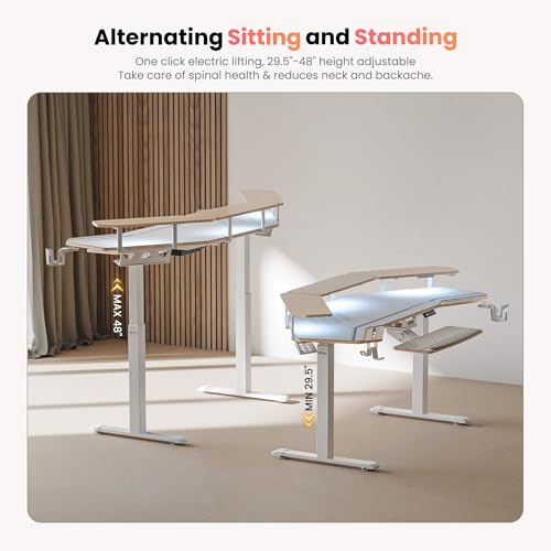 EUREKA ERGONOMIC Standing Desk with Keyboard Tray, Large Music Studio Gaming Desk, Wing Shaped Sit Stand Table 72'', LED Convertible Shelves, Dual Motor&Slot, Maple - color: Maple, size: 72"W x 35"H-Adjustable