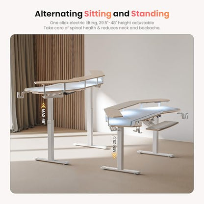 EUREKA ERGONOMIC Standing Desk with Keyboard Tray, Large Music Studio Gaming Desk, Wing Shaped Sit Stand Table 72'', LED Convertible Shelves, Dual Motor&Slot, Maple - color: Maple, size: 72"W x 35"H-Adjustable