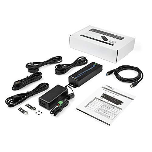 StarTech 10-Port Industrial USB 3.0 Hub 5Gbps, 65W PA, TAA (HB30A10AME) | Steel housing, ESD and surge protection, DIN/wall/desk mount, 65W power adapter included