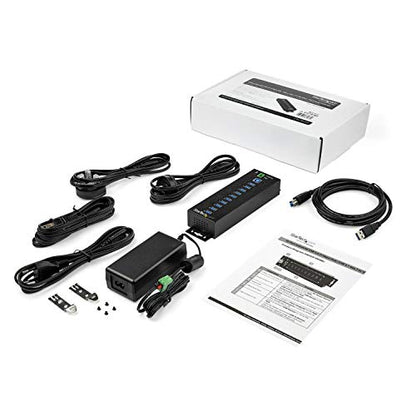 StarTech 10-Port Industrial USB 3.0 Hub 5Gbps, 65W PA, TAA (HB30A10AME) | Steel housing, ESD and surge protection, DIN/wall/desk mount, 65W power adapter included