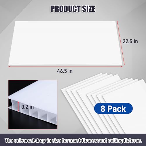 8 Pack Fluorescent Light Diffuser Panel for Drop Ceiling Light, 46.5" x 22.5" x 0.2" Replacement Ceiling Light Sheet Polycarbonate Fixture Panels for Classroom Office Home Hospital (White)