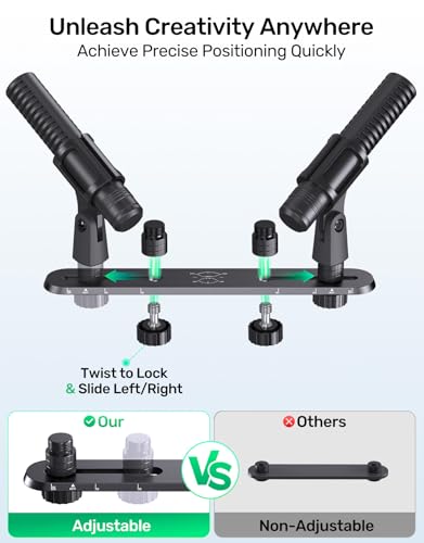 Stereo Array Spacing Microphone Bar Holder, Dual Mic Stand, Heavy-Duty Aluminum with Ruled Markings, Holds 2 Mics - X-Y and ORTF Mic T-Bar Bracket, Fits 3/8" 1/4" and 5/8" Mic Stands