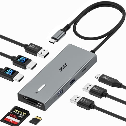 Acer USB-C Docking Station Dual Monitor, 9-in-1 Laptop Dock with 2 HDMI | Laptop Docking Station with 4K@60Hz HDMI, USB A&C 3.0, SD/Micro SD, 100W PD Compatible with Acer/Dell XPS/HP/Mac (2FT) - size: 2FT