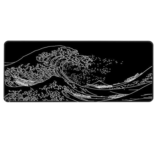 Gaming Mouse Pad Black Mouse Pad Japanese Kanagawa Large Mousepad Non-Slip Rubber Base with Stitched Edges for Gaming Office Home, 31.5x11.8 Inch - color: Sea Wave, size: 31.5L x 11.8W inches