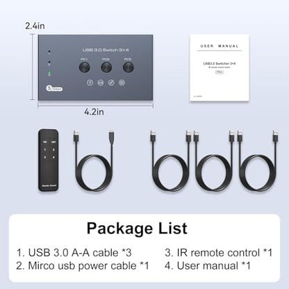 THXCDBID USB 3.0 Switch 3 Computers Sharing 4 USB-A Port USB Switch Selector 5Gbps Sharing Keyboard Mouse Printer Scanner Includes 3 USB 3.0 Input Cables and IR Remote Control
