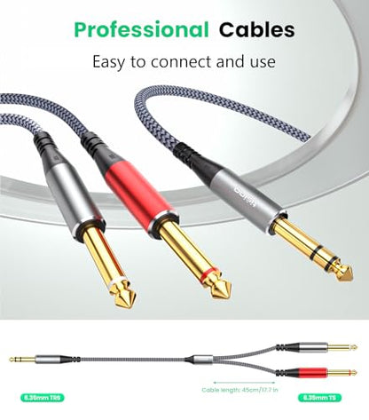 Tisino 1/4 inch TRS Stereo Splitter Y Insert Cable - 6.6 Feet, 1/4" Stereo to Dual 6.35mm TS Mono Y-Splitter TRS Breakout Patch Cable for Amplifiers, Mixers - size: 6.6 ft