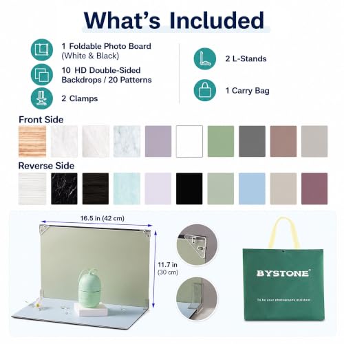 BYSTONE Photo Backdrop Board for Product Photography, 10 Pcs 20 Patterns Food Photography Backdrops, 16.5 x 11.7 in Tabletop Background Kit, Double-Sided Flat Lay Props for Jewelry & Cosmetics