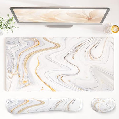 QIYI Leather Desk Mat Set, 4-in-1 Large Mouse Pad with Ergonomic Wrist Rest, Waterproof Desk Pad + Keyboard Wrist Rest + Mouse Wrist Support+Coaster, Non-Slip Office Gaming Accessories, Marble Stripes - color: White Marble Stripes