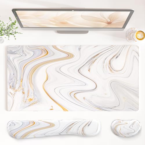 QIYI Leather Desk Mat Set, 4-in-1 Large Mouse Pad with Ergonomic Wrist Rest, Waterproof Desk Pad + Keyboard Wrist Rest + Mouse Wrist Support+Coaster, Non-Slip Office Gaming Accessories, Marble Stripes - color: White Marble Stripes
