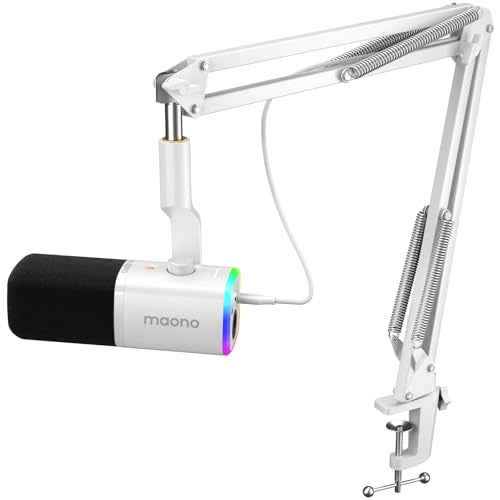 MAONO XLR/USB Gaming Microphone for PC, Dynamic Computer Mic for Streaming Podcasting, Noise Reduction, Mute, Volume Control, RGB Boom Mic for Vocal Recording,Voice-Over, PD100XS White - color: White, style: Boom Arm Version