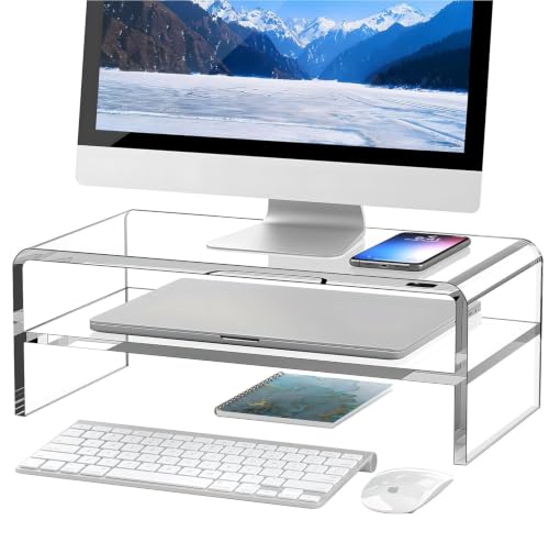 Egchi Clear Acrylic Monitor Stand Riser 2 Tier, 5.12 Inches High Clear Computer Desk Organizer Shelf for Multi Media PC Storage Laptop - size: 16''x8''x5.12''-2 Tiers