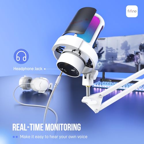 FIFINE Gaming PC USB Microphone Kit, Condenser RGB Mic with Metal Boom Arm, Mute, Gain Knob, Headphones Monitoring, Streaming Microphone Bundle for PS4/PS5, YouTube, Discord, Twitch-A8T White - size: A8TW-Boom Arm