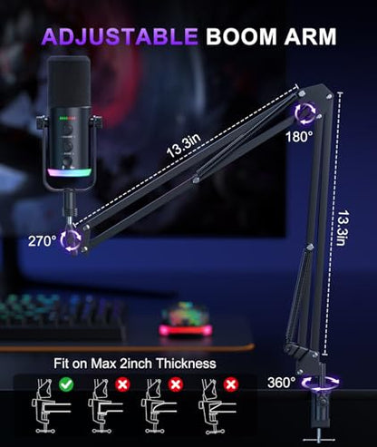 Dynamic Gaming Microphone | USB/XLR Dual Mode | RGB Boom Arm Mic Kit with One‑Touch Mute, Headphone Monitor, Gain Control | for Streaming, Podcast, PC, PS4/PS5, Recording