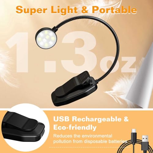 KTEBO Rechargeable Book Light for Reading in Bed, Eye Caring Book Reading Lamp with 10 LED Modes, 1.3 oz Lightweight Portable Clip on Light, 360 Adjustable Clamp Light Perfect for Readers | 9 eye-friendly modes from 3 color temperatures and 3 brightness,