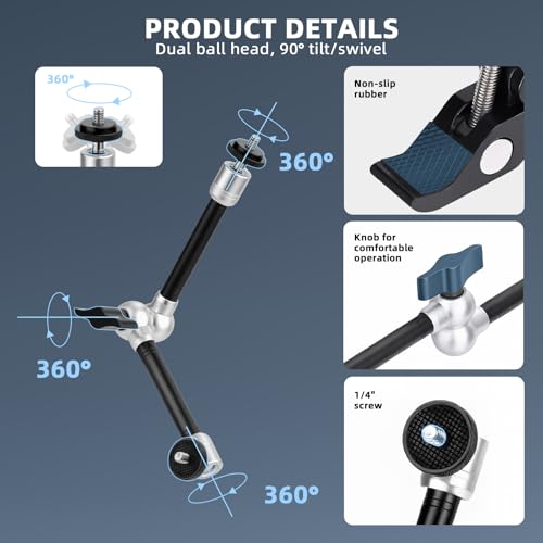 BRDRC Magic Arm Clamp Mount, 9.8" Articulating Extension Arm with 1/4" and 3/8" Thread, with Cold Hot Shoe Adapter, Phone Holder for Tripod DSLR Camera Cage LCD Monitor LED Light Accessories