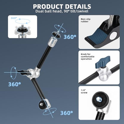BRDRC Magic Arm Clamp Mount, 9.8" Articulating Extension Arm with 1/4" and 3/8" Thread, with Cold Hot Shoe Adapter, Phone Holder for Tripod DSLR Camera Cage LCD Monitor LED Light Accessories