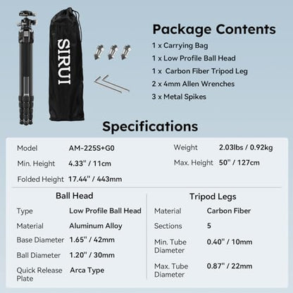 SIRUI Carbon Fiber Travel Tripod, 50" Compact Lightweight Backpack Tripod with Low Profile Ball Head with Quick Release Plate for Arca, 6 Mounting Points for Camera and Phone, AM-225S+G0 - size: AM-225S+G0