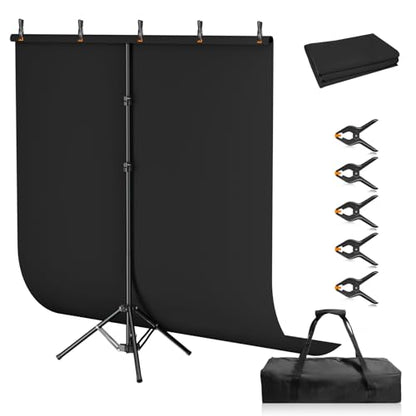 Black Backdrop Kit, 5×7ft Portable Black Photo Background with Adjustable T-Shaped Stand, 5 Clamps, Carrying Bag for Parties, Streaming, Photography, Zoom, Gaming, Video Studio - color: black