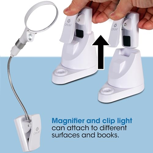 OttLite LED Clip and Freestanding Magnifier Lamp, White | 3x and 6x Interchangeable Magnifiers | Adjustable Gooseneck 2.75"-16.625" | Battery-Powered