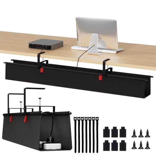 Under Desk Cable Management Tray - 48" Cord Organizer for Desk No Drill, Fabric Under Table Wire Organizer with 16X Cable Ties Hide for Office/Home, Cord Hider Fits Adapters & Sockets, Black - color: Black, size: 48'' L
