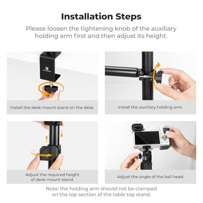 K&F CONCEPT Desk Mount Stand with Extension Arm, 37-91cm Adjustable Overhead Camera Mount, 1/4" Ball Head & 3/8" Adapter, C-Clamp for Ring Light, DSLR Camera, Smartphone, Live Streaming, Video