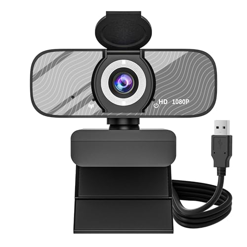 Gozvrpus USB HD Webcam with Built-in Microphone and Rotatable Tripod, 1080P Video, Wide Angle Camera, Privacy Cover, for Desktop PC or Laptop Computer （Grey） - color: grey