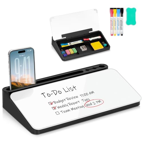 WALGLASS Small Desktop Whiteboard with Storage, Glass Desk Dry Erase White Board Computer Keyboard Stand with Drawer, Desk Organizers with Accessories for Office, Home, School Supplies Black White - color: Black-white