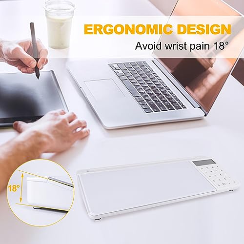Small Glass Desktop Whiteboard Dry Erase Board with Calculator - Desktop White Board Storage Memo Notepad Computer Keyboard Stand Organizers with Accessories Markers, Eraser for Office, Home, School
