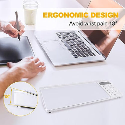 Small Glass Desktop Whiteboard Dry Erase Board with Calculator - Desktop White Board Storage Memo Notepad Computer Keyboard Stand Organizers with Accessories Markers, Eraser for Office, Home, School