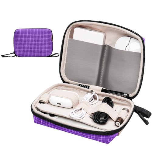 SIMTOP Electronics Organizer Cord Organizer Travel, Small Tech Bag for Cords, Chargers, Power Bank, Earbuds – Portable Cable Pouch for Office, Business Trip, Commute – Water & Scratch-Resistant - color: Purple Plaid