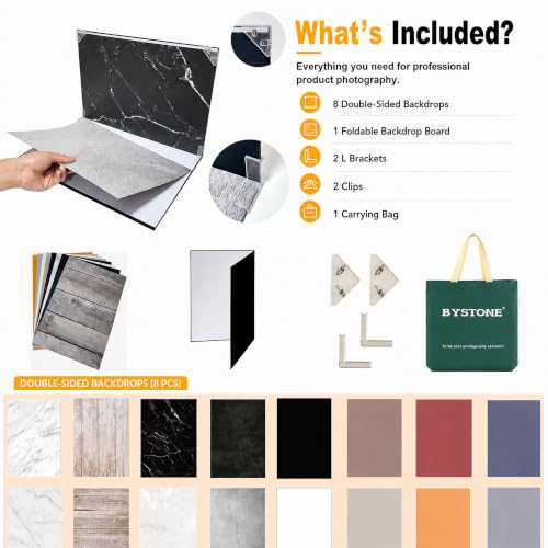 BYSTONE Product Photography Backdrops Kit, 8 Pcs 16 Patterns Photo Backdrop Board, 16.5 x 11.7 in Tabletop Background for Food Jewelry Cosmetics, Small Product Photoshoot Props