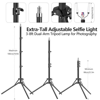 Selfie Light with 75'' Tripod Stand, Dimmable 3 Color LED Dual Arms Ring Light with Phone Holder & Carry Bag for Lash Tattoo Video Photography 45W 95CRI Tripod Floor Lamp