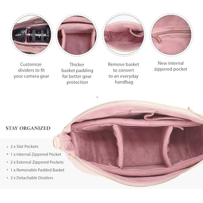 Meliae Camera Bag for Women, DSLR Mirrorless Camera Purse, Leather Shoulder Crossbody Hobo Travel Tote - color: Pink