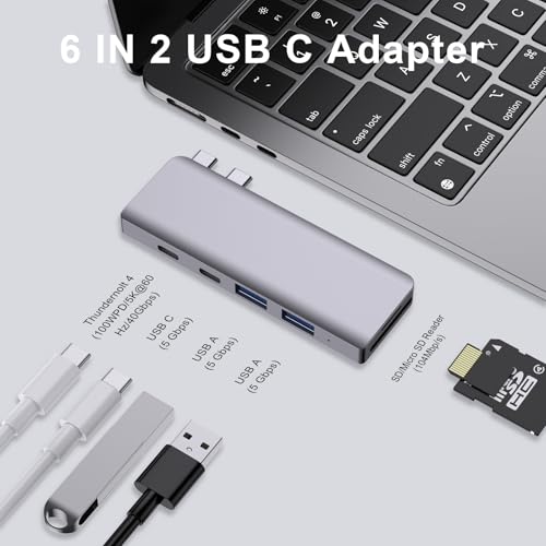 USB C Hub, 6 in 2 USB Adapter for MacBook Pro Air Thunderbolt 4 Dock with 100W PD, 40Gbps, USB-C 3.0, 2 USB-A 3.0, SD/TF Card Reader, Compatible with MacBook Pro Air M1/M2/M3/M4 - size: 9887 Midnight