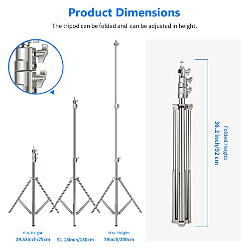 NEEWER 79"/2m Stainless Steel Light Stand, Spring Cushioned Heavy Duty Photography Tripod Stand with 1/4” to 3/8” Universal Screw Adapter for Strobe, LED Video Light, Ring Light, Monolight, Softbox - style: ST-200SS
