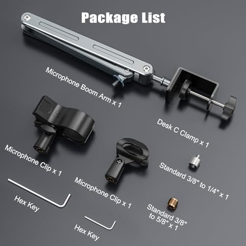 Microphone Boom Arm, Magic Arm Mount with 2 Mic Clips, Professional Desk Mic Stand Adjustable Articulating Bracket, 1/4 & 3/8 Thread Adapter for Podcasting, Streaming & Recording