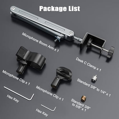 Microphone Boom Arm, Magic Arm Mount with 2 Mic Clips, Professional Desk Mic Stand Adjustable Articulating Bracket, 1/4 & 3/8 Thread Adapter for Podcasting, Streaming & Recording